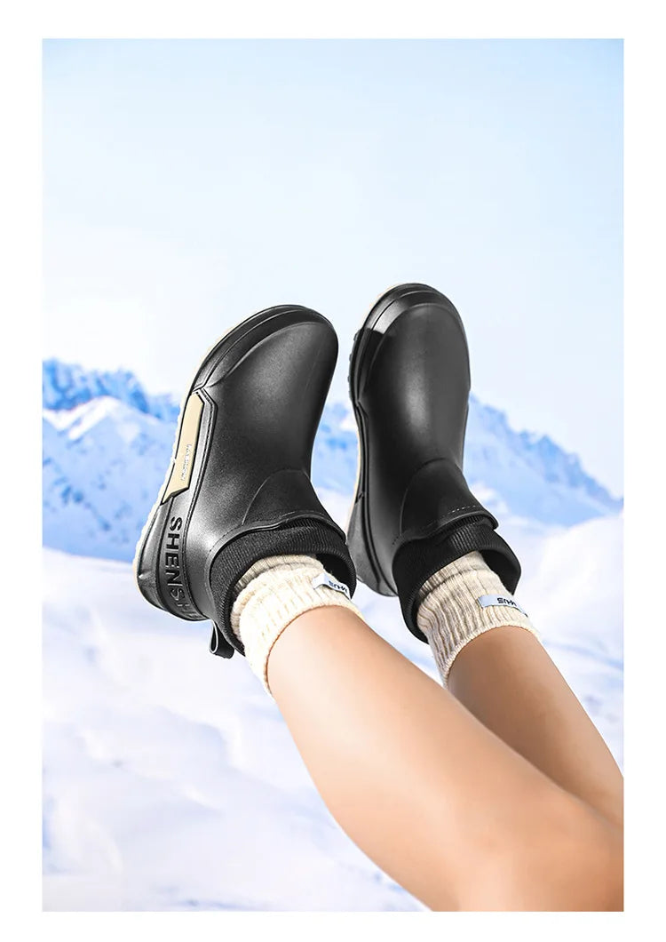 Waterproof Ankle Rain Boots for Men Chef Kitchen Fleece-lined Man Shoes Work Fashion Rainy Day Non-slip Garden Fishing Wellies