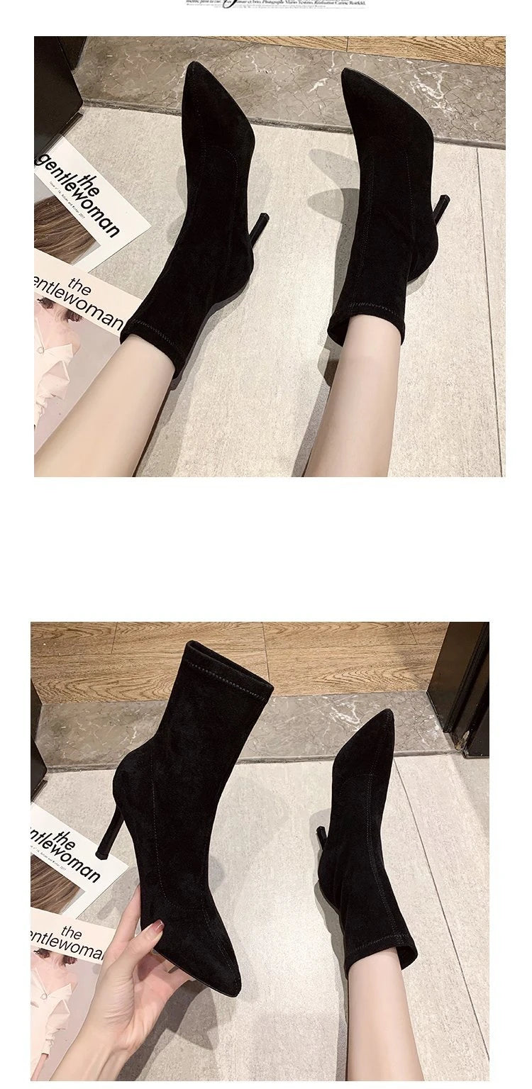 5/7/9CM Luxury Women Black Flock Sock Boots Stiletto Thin High Heels Elastic Knitting Boots Winter Stretch Fabric Ankle Boots