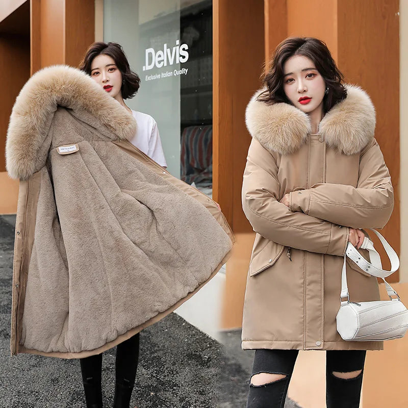 Spring Parkas Women Coats Mid Length Coat Thick Warm Hooded Drawstring Jackets Splice Zipper Tight Waist Jacket Autumn Winter