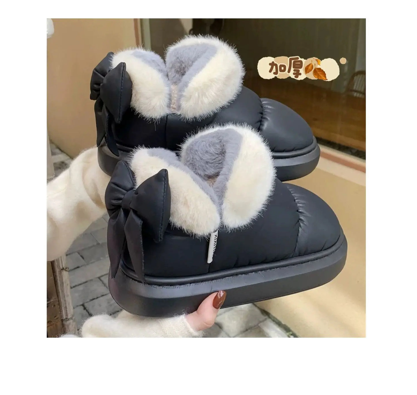 Bow Knot Short Ankle Snow Boots Women Winter Plush And Thick Insulation Waterproof PU Cotton Household Shoes Home Slipper Women