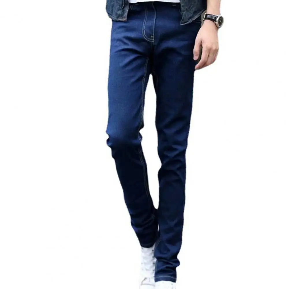 Men Jeans Stretch Skinny Denim Pants Solid Color Black Blue Autumn Summer Luxury Street Harajuku Hip-Hop Style Slim Fit Trousers