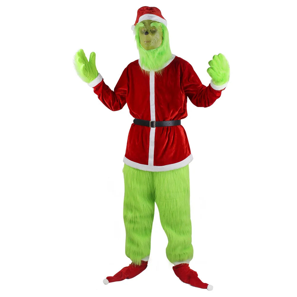 Disfraz de Grinch para Navidad: Máscara de peluche, pantalones, guantes, gorro rojo de Papá Noel, camiseta, calcetines. ¡Regalo perfecto para Navidad!