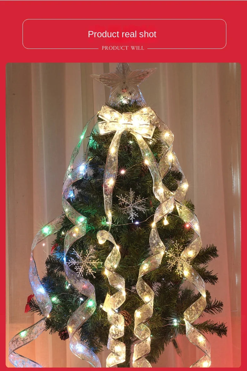 Christmas Decoration LED Ribbon Fairy Lights Christmas Tree Ornaments for Home 2025 DIY Bows Light String Navidad New Year 2026