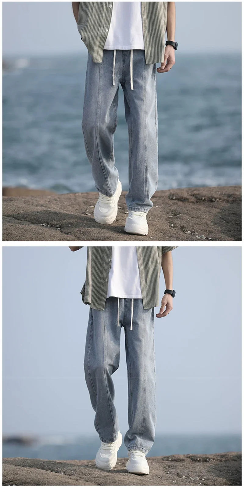 New Korean Fashion Baggy Jeans For Men Classic Drawstring Straight Denim Pants Y2K Vintage Jean Streetwear Wide-leg Trousers