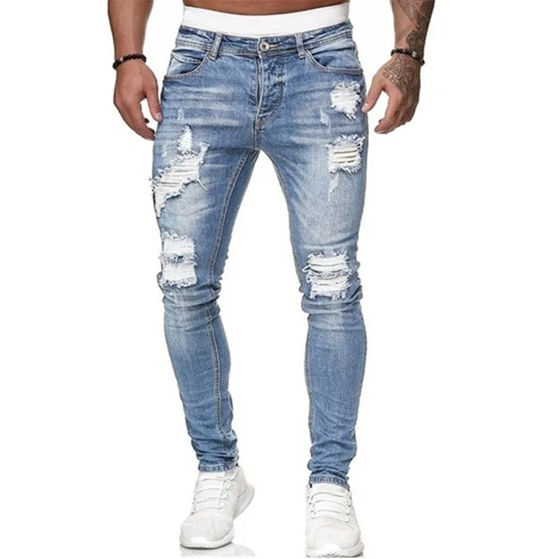 2024 Nuevo estilo callejero, pantalones vaqueros ajustados rotos para hombre, pantalones vaqueros lisos con lavado vintage, pantalones vaqueros ajustados informales para hombre, pantalones vaqueros elásticos tipo lápiz