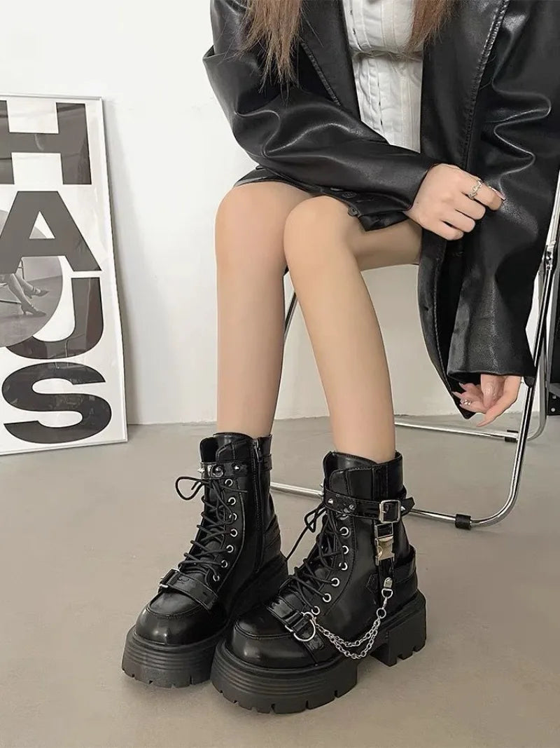 Botas de tobillo para mujer, botas de plataforma góticas de moda, botas cortas británicas, botas de moto para mujer, botas punk con remaches de diseñador, botas