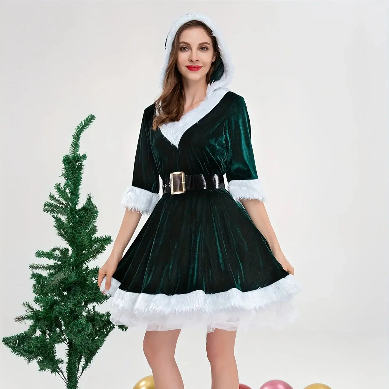 Women Christmas Suit Costumes Adults Lady Slim Fit Hooded Sexy Velvet Female Santa Claus Cosplay Xmas Party Fancy Dress Cosplay