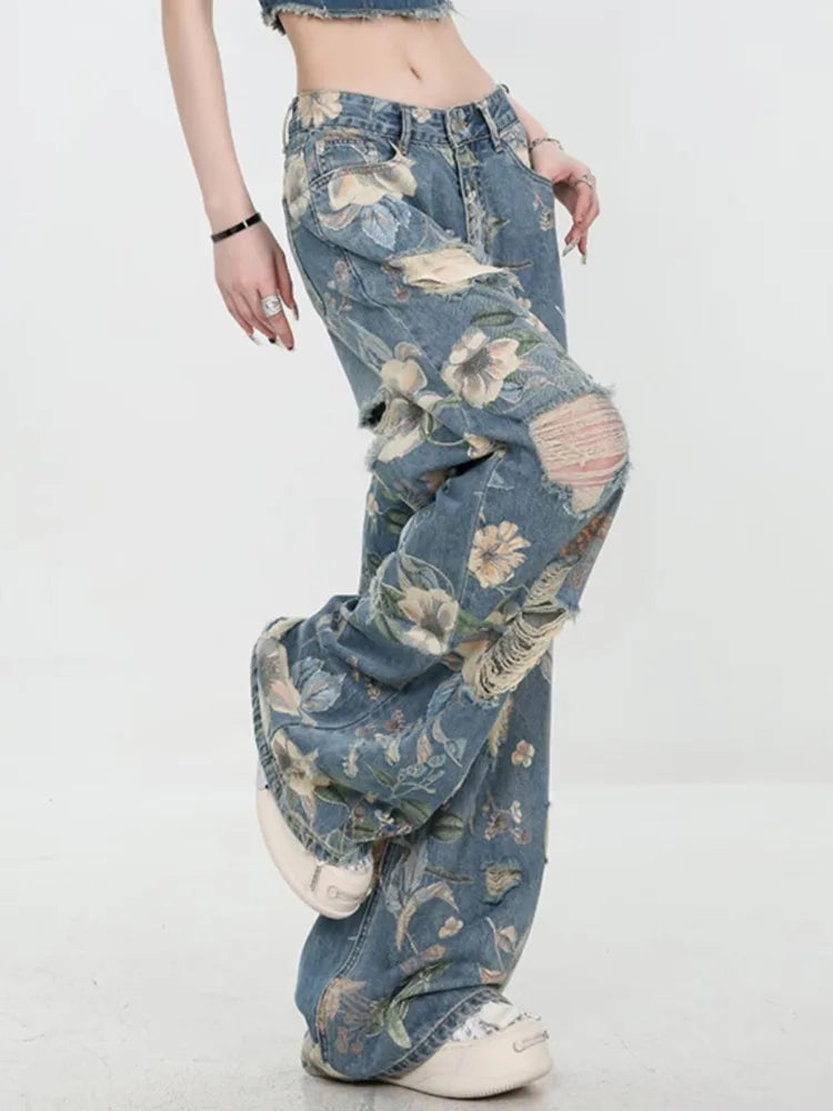 American Street Print Jeans For Women Trendy Style Loose And Versatile Floor-length Wide-leg Pants With A Versatile Design