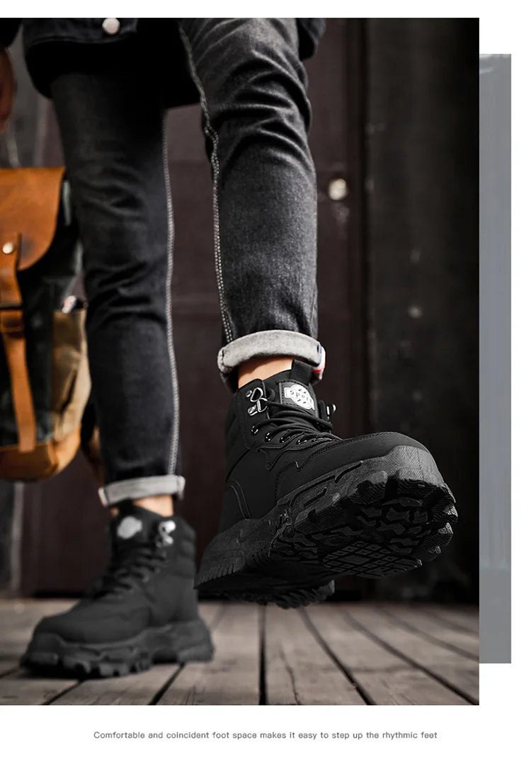 Botas de hombre de algodón, estilo británico, de caña alta, con refuerzos de PU, suela gruesa, cierre de cordones, cómodas y antideslizantes, ideales para deportes de montaña.