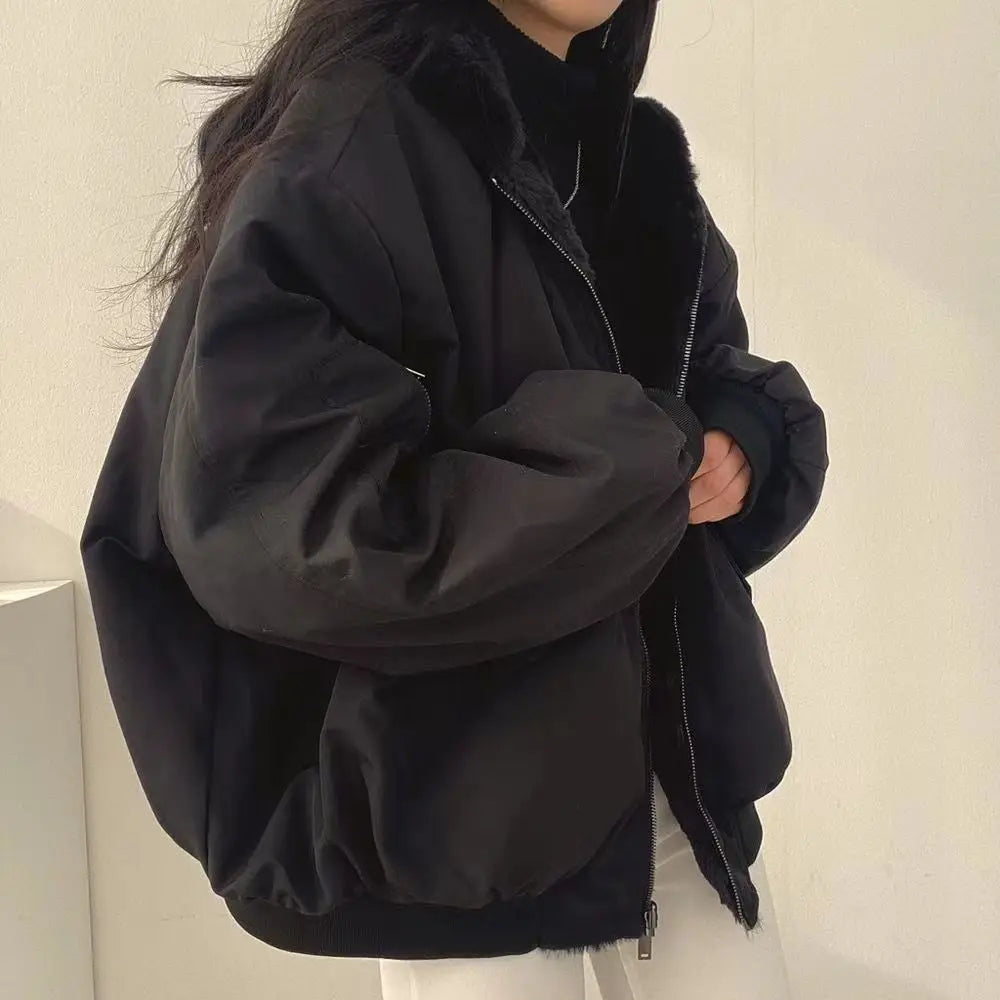 Women Parkas Coat Korean Thick Warm Coats Solid Zipper Hooded Loose Jacket Casual Full Sleeve Regular Splice Pockets Winter