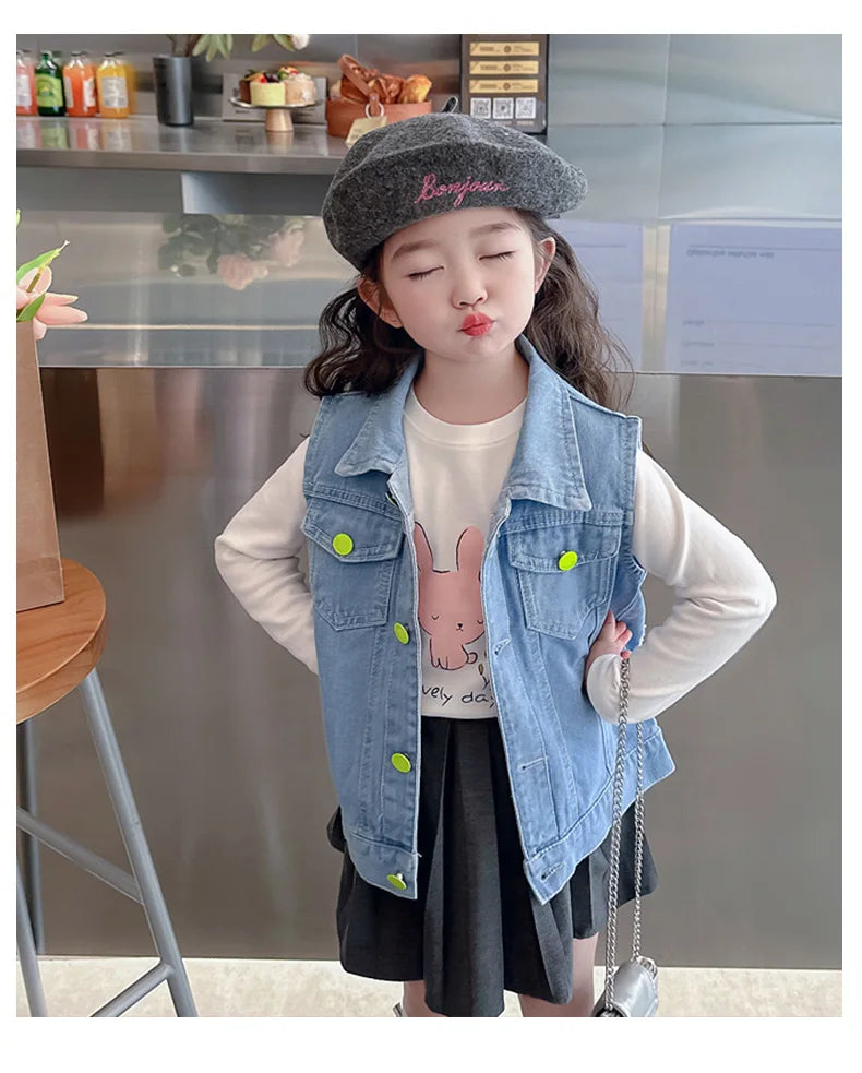 Cool Denim Vest Coat Kids Boys Girl Fashion Ripped Denim Vest Sleeveless Jean Jacket Waistcoat with Pockets Casual School Wear