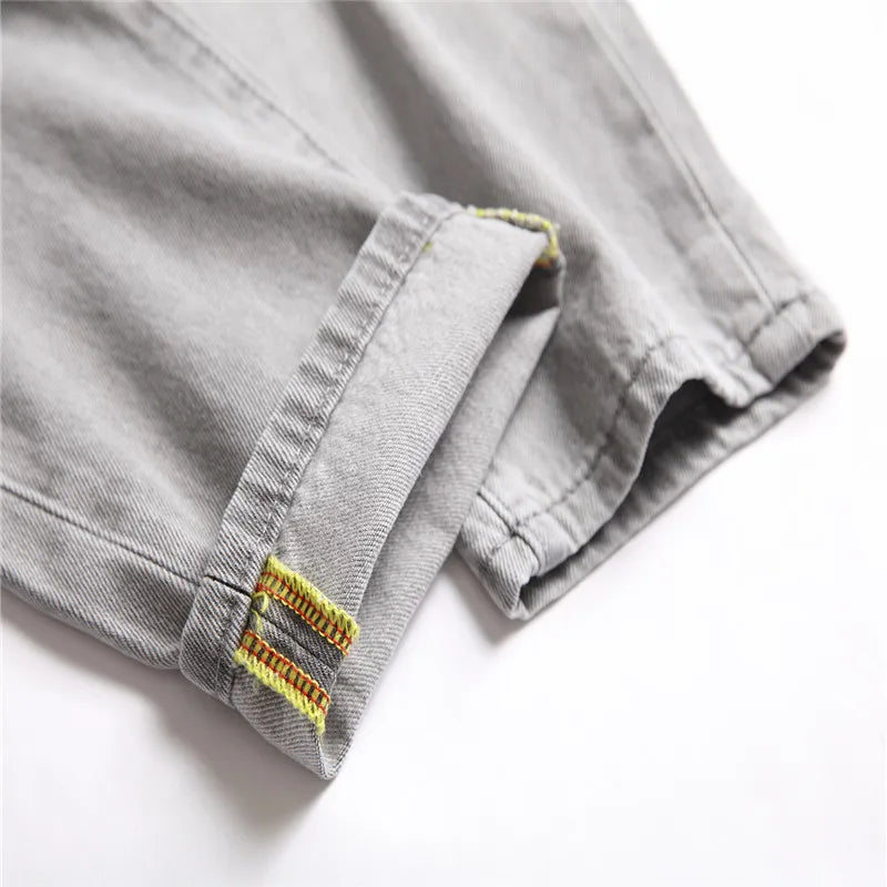 Mens Jeans Large-size Straight Light Gray Denim Trousers Spring and Autumn Full Length Male Pants Ripped Jeans