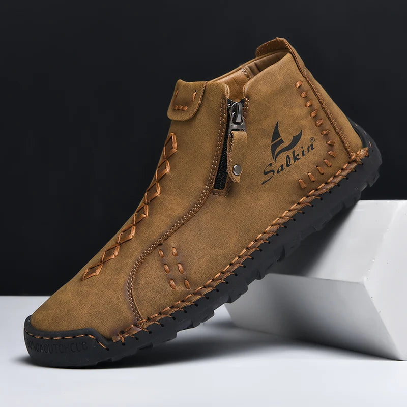 Nuevas botas de invierno hechas a mano en piel para hombre, con diseño de cremallera, transpirables, informales, de piel, botines para hombre, para exteriores