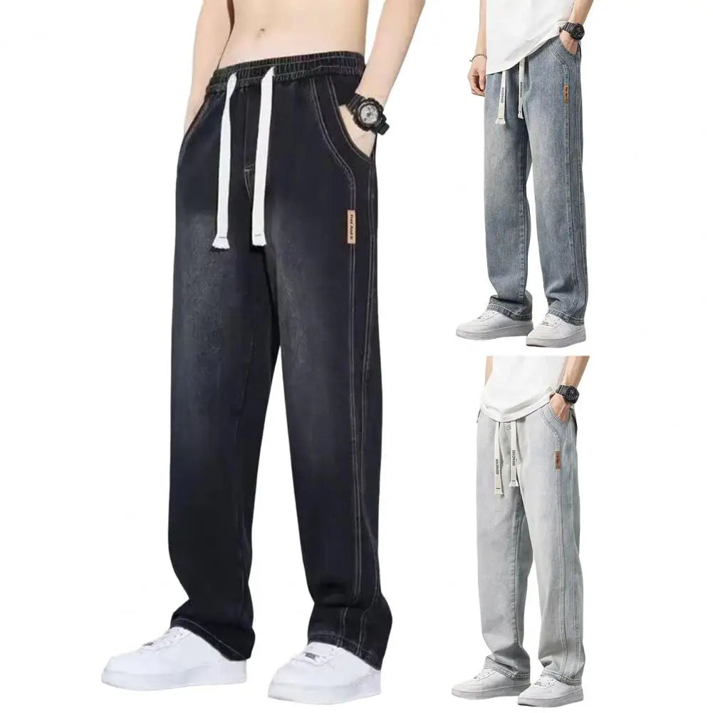 Men Elasticated Waist Jeans Men's Elastic Waist Drawstring Denim Pants Casual Straight Leg Jeans with for Summer for Comfort