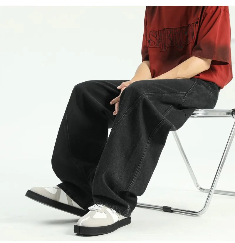 New Vintage Men‘s Patchwork Baggy Jeans Draped Straight-leg Denim Trousers Autumn Korean Fashion High Street Casual Y2K Jean