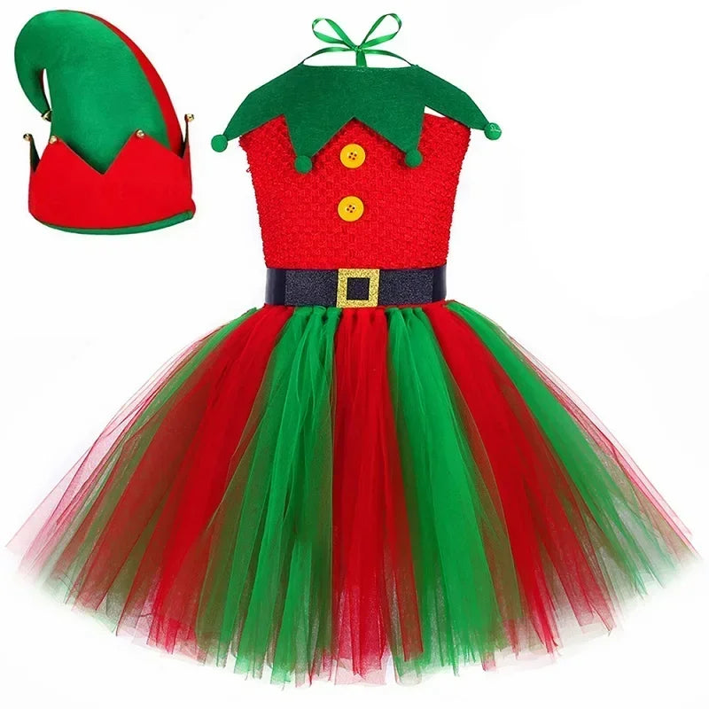 Christmas Elf Costume for Girls Xmas Holiday Party Tulle Dress Up Clothes Toddler Kids Red Green Elf Tutu Princess Dress Outfit