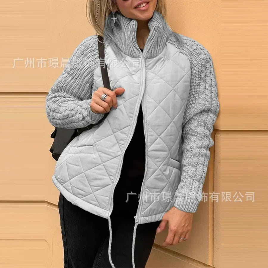 Women Autumn Winter Cardigan Zipper Long-sleeved Stand-up Collar Parka Jacket Coat Solid Color