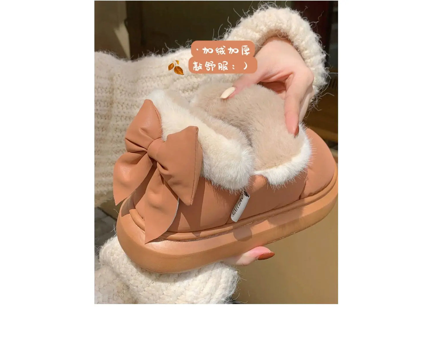 Bow Knot Short Ankle Snow Boots Women Winter Plush And Thick Insulation Waterproof PU Cotton Household Shoes Home Slipper Women