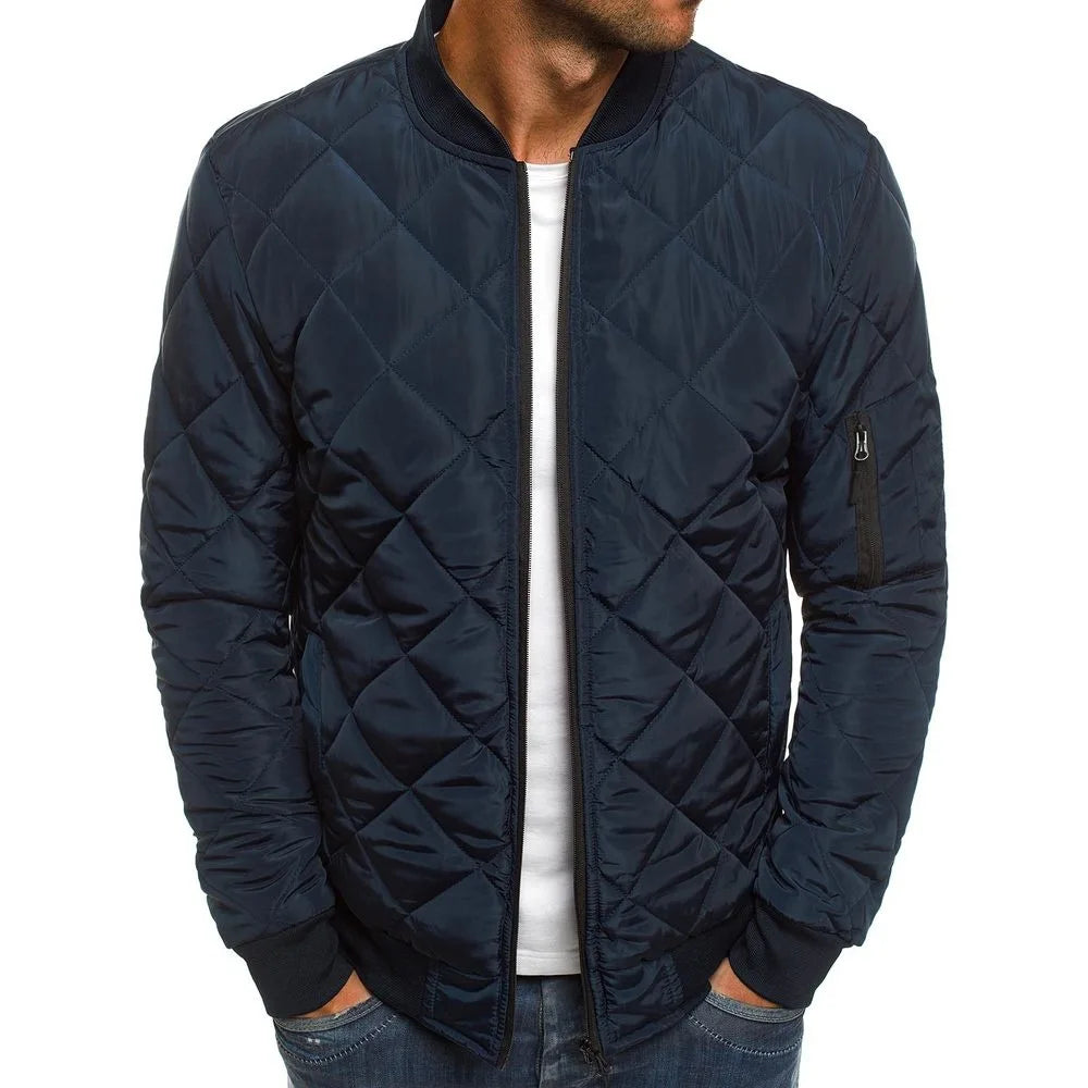 Men's Solid Color Diamond Check Seaming Thickened Standing Collar Cotton-padded Jacket, Winter New Casual Warm Zipper Jacket