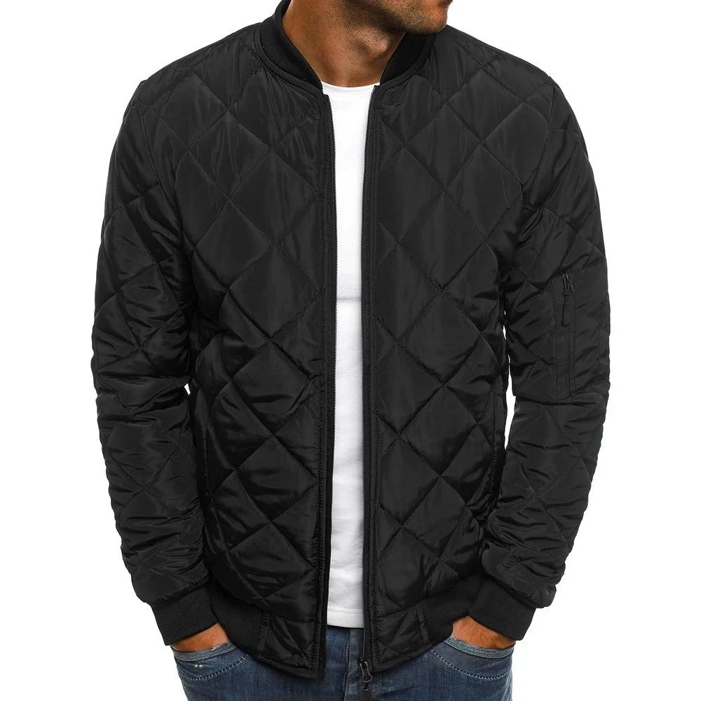 Men's Solid Color Diamond Check Seaming Thickened Standing Collar Cotton-padded Jacket, Winter New Casual Warm Zipper Jacket