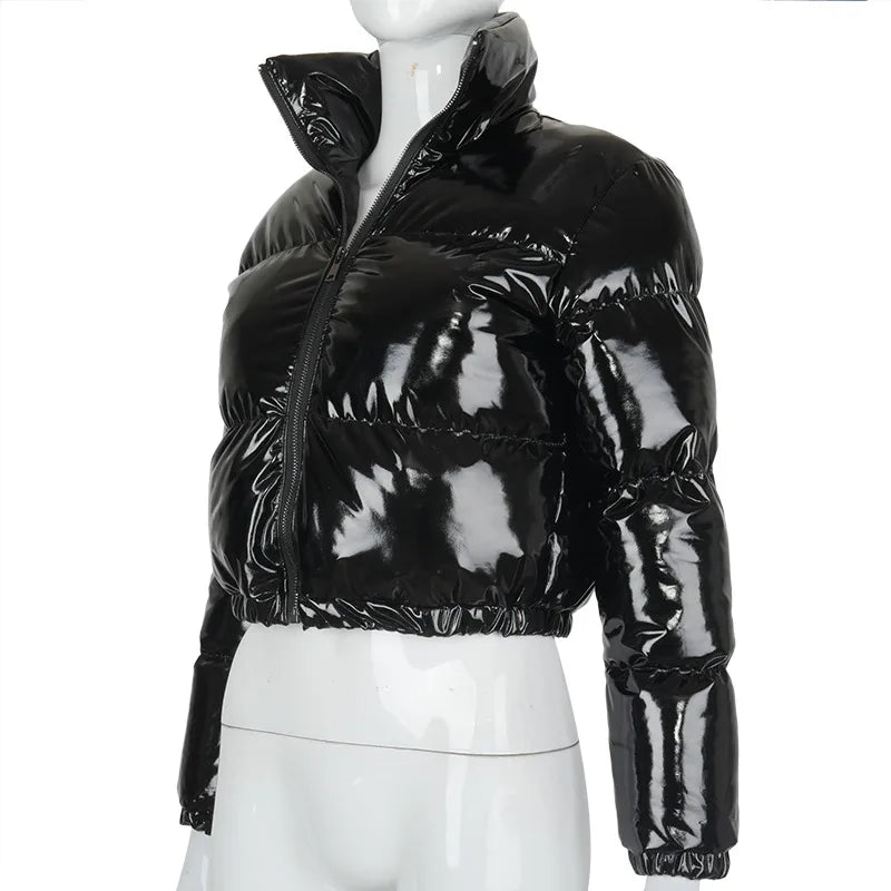 European and American Solid Color Mirror Pu Leather Down Jacket, Womens' Winter New Short Zippered Stand-up Collar Padded Jacket
