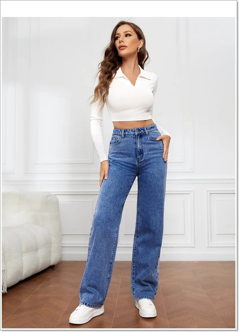 Straight High Waist Jeans Women 2024 New Leg Pockets Basics Ankle Length Pants Y2k Denim Trousers Vintage Blue Washed Jeans