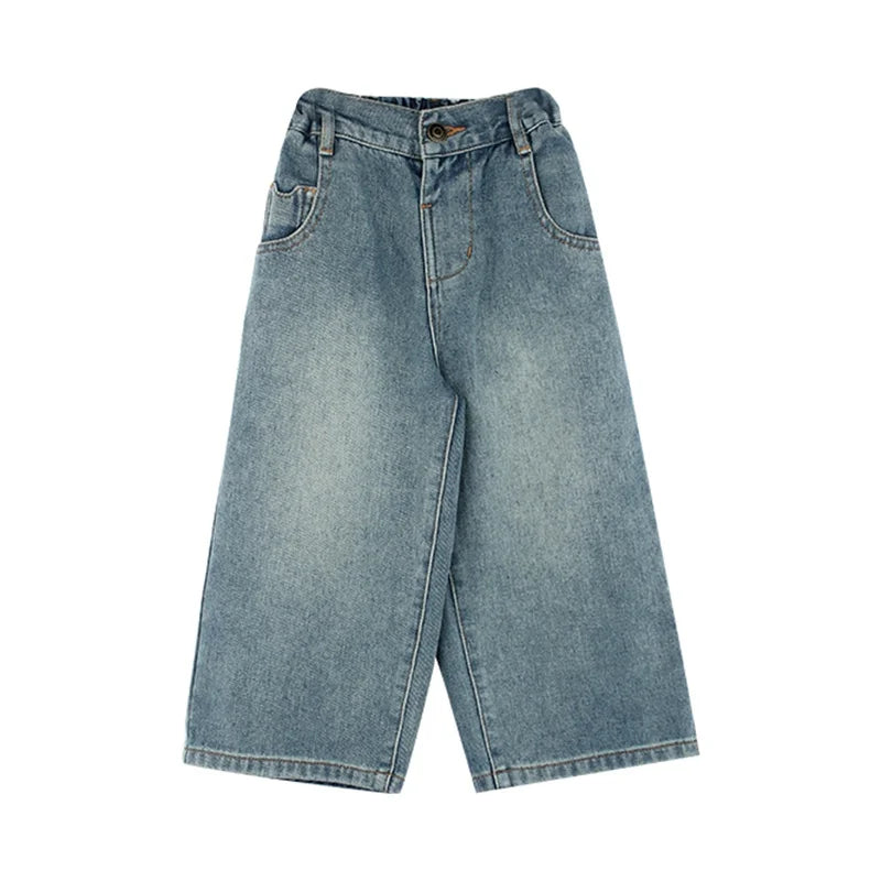 Pantalones vaqueros de cintura alta y pierna ancha para niñas de 3 a 8 años, lisos, con múltiples bolsillos y cintura elástica, pantalones vaqueros casuales de moda para niños.