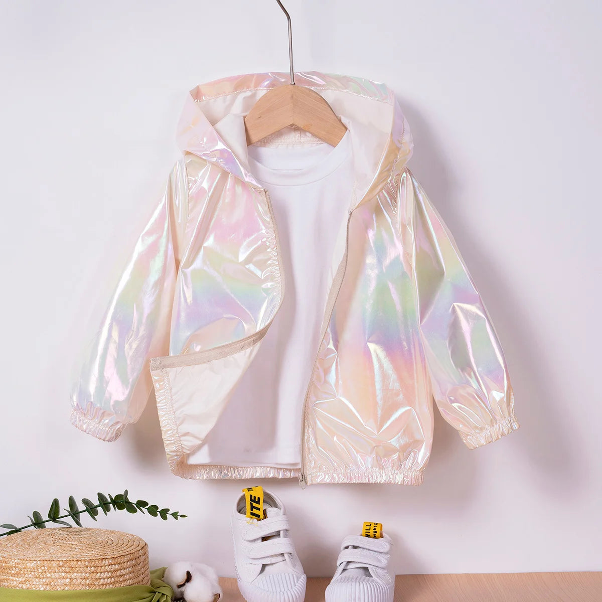 2024 Children's Clothing Girls Pearl Color Hooded Section Jacket Spring and Autumn New Zipper Fashion Trend Leisure Jacket 0-6Y
