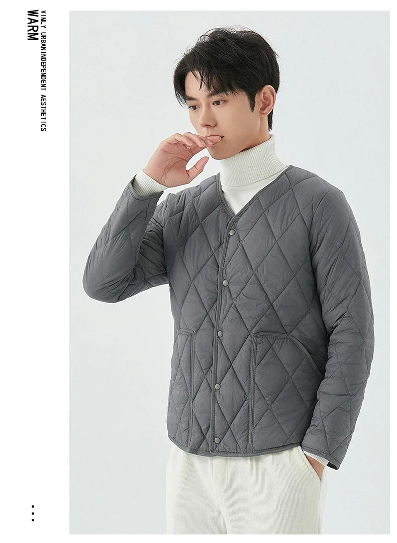 Men's Winter New Lightweight Single-breasted Padded Jacket with Pockets, Young Man Solid Color Argyle Casual Warm Padded Jacket