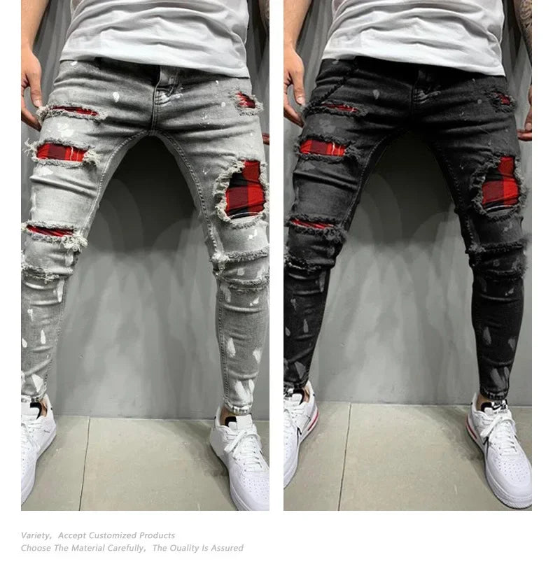 Pantalones vaqueros ajustados de cintura media con agujeros desgastados para hombre, estilo urbano, hasta el tobillo, lavados, 2025