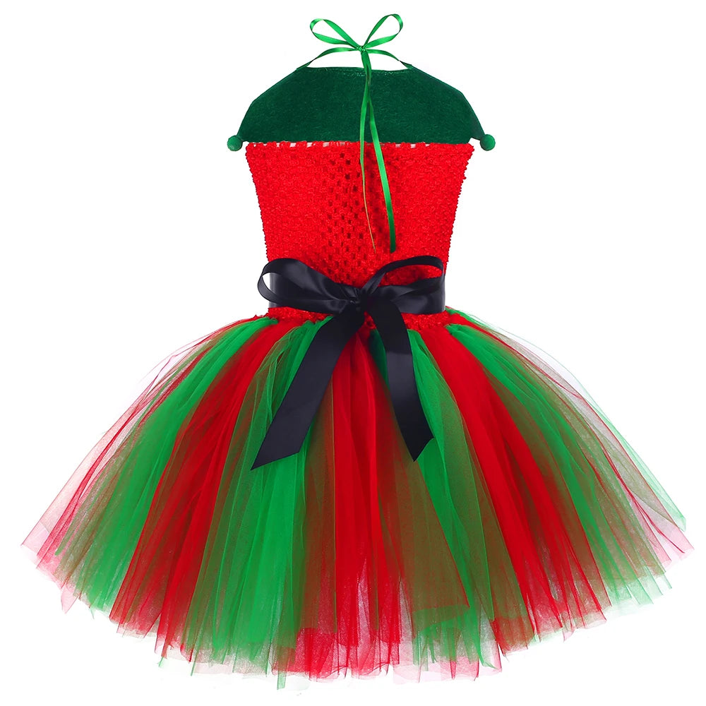 Christmas Elf Costume for Girls Xmas Holiday Party Tulle Dress Up Clothes Toddler Kids Red Green Elf Tutu Princess Dress Outfit