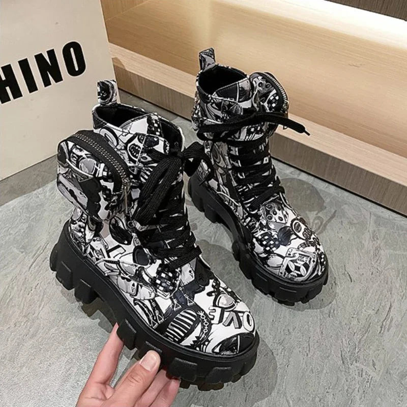 Thick-soled Women's Ankle Boots Fashion Printed Women Shoes High Quality Non-slip Motorcycle Boots New Gothic Style Women Boots
