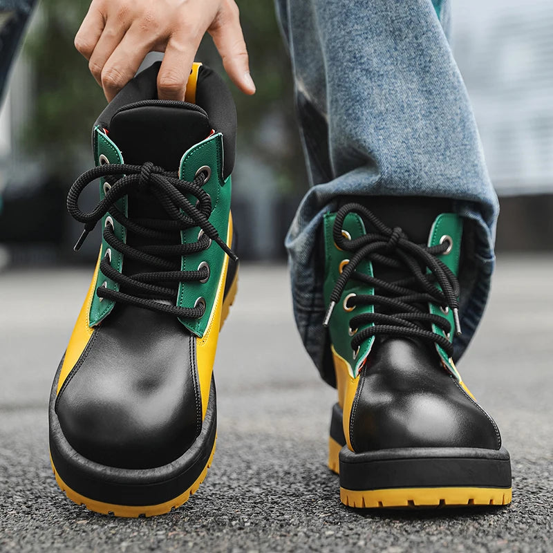 Men's High-Top Outdoor Shoes - High-Top Thick-Soled Design, Suitable for Men, Ideal for Walking/Going to Work/Outdoor Hiking, Durable for All Seasons, Urban Casual Shoes with Cushioned and Wear-Resistant Pvc Soles, Comfortabl