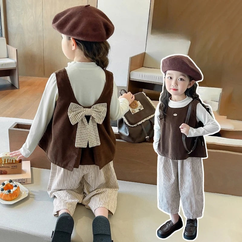 Girls Autumn Spring Clothing Set Fashion Children's Bow Tie Vest + Undershirt + Wide-Leg Pants Three-Piece Set 2025 New