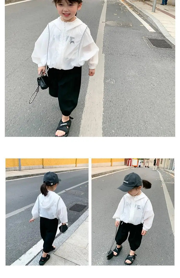 Summer Casual Lightweight Kids Sun Outfit Tops Baby Girls Loose Drawstring Hooded Zip Moon Coats Children Jackets 1-10 Years