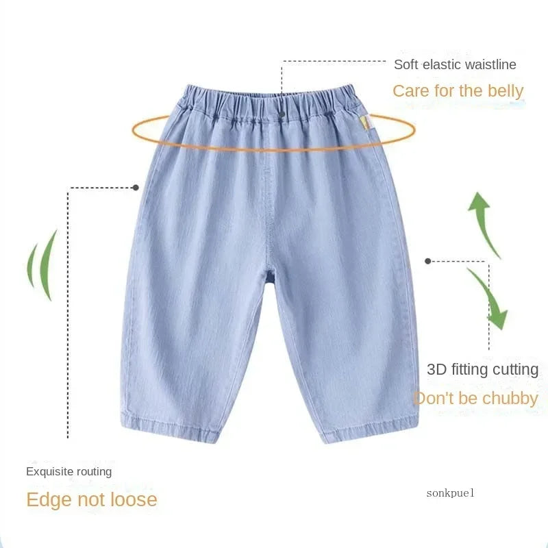 Pantalones vaqueros para niños, pantalones vaqueros para niños, pantalones vaqueros sencillos de verano a la moda para bebés, pantalones vaqueros casuales lavados con cintura elástica