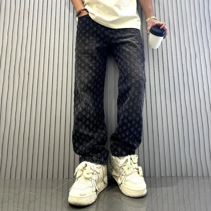 Pantalones vaqueros con estampado jacquard para hombre, rectos, holgados, desgastados y anchos.