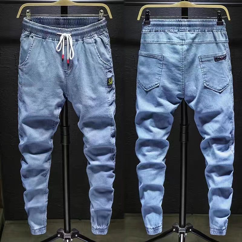 Pantalones vaqueros de mezclilla con cordón ajustable para hombre, versátiles, de moda para otoño, con cintura elástica, estilo harén, informales, para exteriores, 2022