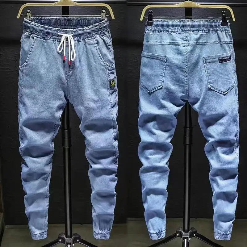 Pantalones vaqueros de mezclilla con cordón ajustable para hombre, versátiles, de moda para otoño, con cintura elástica, estilo harén, informales, para exteriores, 2022