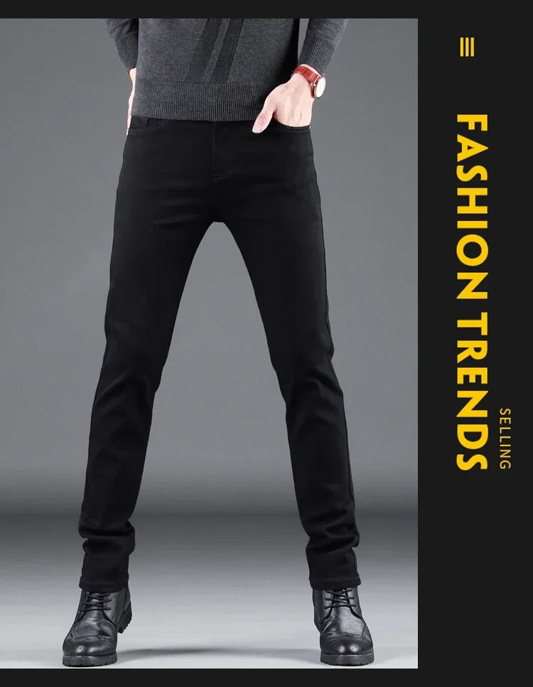 Pantalones vaqueros ajustados negros puros para hombre, pantalones rectos elásticos, moda de negocios, pantalones vaqueros vintage coreanos para hombre, primavera y otoño