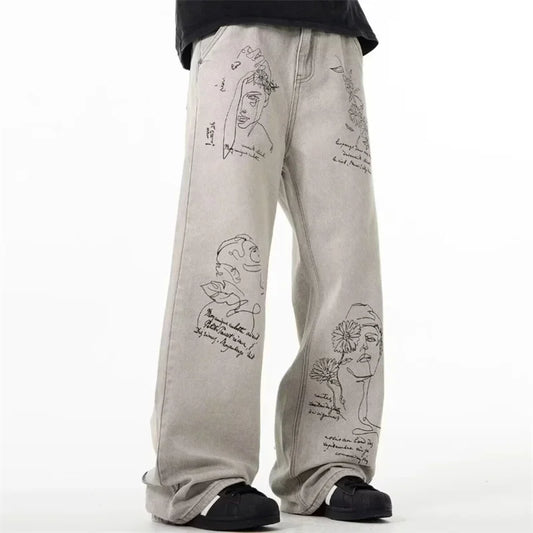 American Retro Graffiti Graphic Printed Jeans For Men Harajuku Fashion Baggy Denim Pants Distressed Y2K Streetwear Jean Trousers