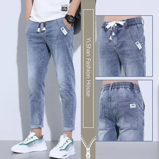 2023 New Summer Thin Style Korean Street LUXURY Work Pants Men's Elastic Waist Jogger Jeans for Work Wear Clothing Denim Jeans