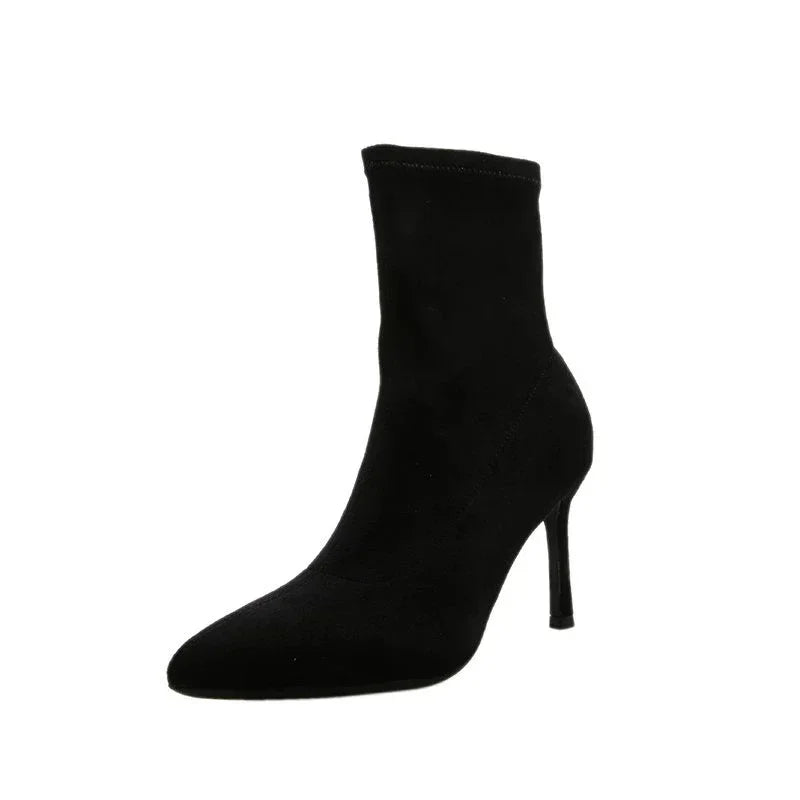 5/7/9CM Luxury Women Black Flock Sock Boots Stiletto Thin High Heels Elastic Knitting Boots Winter Stretch Fabric Ankle Boots