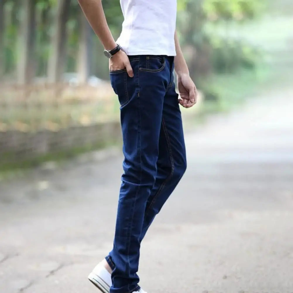 Men Jeans Stretch Skinny Denim Pants Solid Color Black Blue Autumn Summer Luxury Street Harajuku Hip-Hop Style Slim Fit Trousers