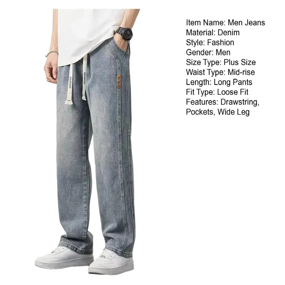 Men Elasticated Waist Jeans Men's Elastic Waist Drawstring Denim Pants Casual Straight Leg Jeans with for Summer for Comfort