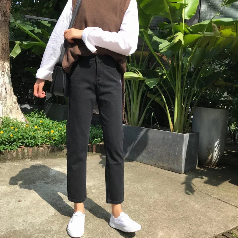 Pantalones vaqueros rectos de cintura alta, holgados, informales, de corte petite, color negro, para mujer, primavera y otoño de 2024