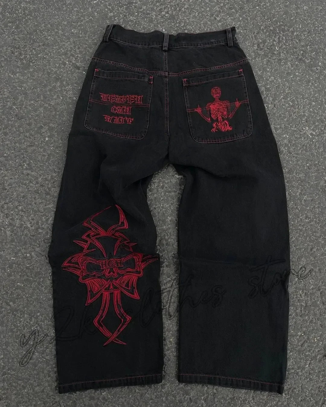 Nuevos vaqueros holgados casuales de pierna ancha para hombre, vaqueros con estampado retro de hip hop, tendencia de moda, vaqueros negros de cintura alta Y2k, ropa para hombre 2023