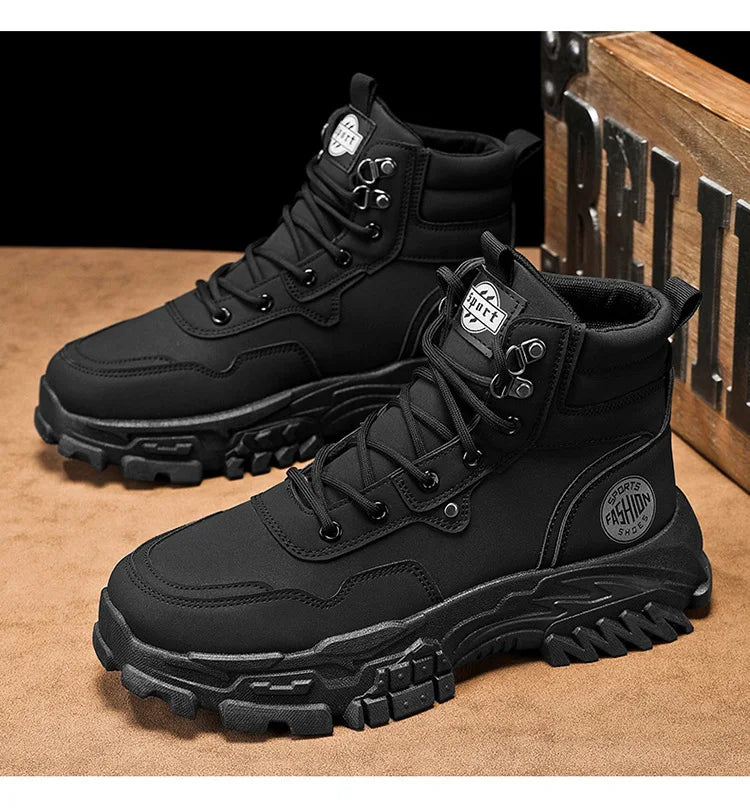 Botas de hombre de algodón, estilo británico, de caña alta, con refuerzos de PU, suela gruesa, cierre de cordones, cómodas y antideslizantes, ideales para deportes de montaña.