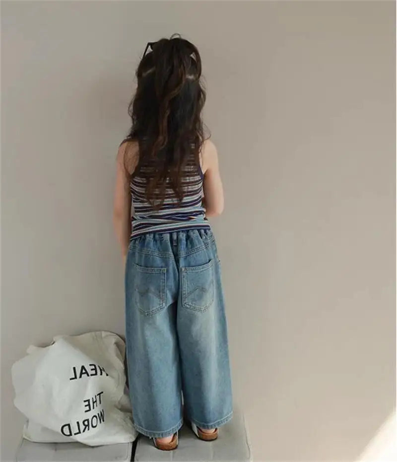 Humor Bear Girls’ Jeans Kids Clothing Summer Baggy Multi-pocket Elastic-waisted Long Jeans Wide-leg Pants Girls Pants
