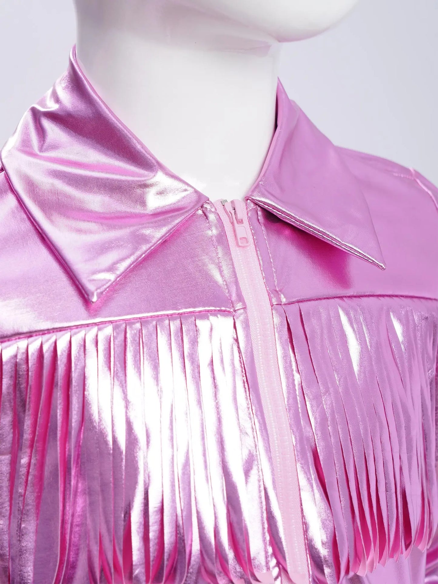 Kids Girls Tassels Metallic Jacket Top Fringe Shiny Turn-Down Collar Long Sleeve Zipper Jacket Coat for Hip Hop Street Dance